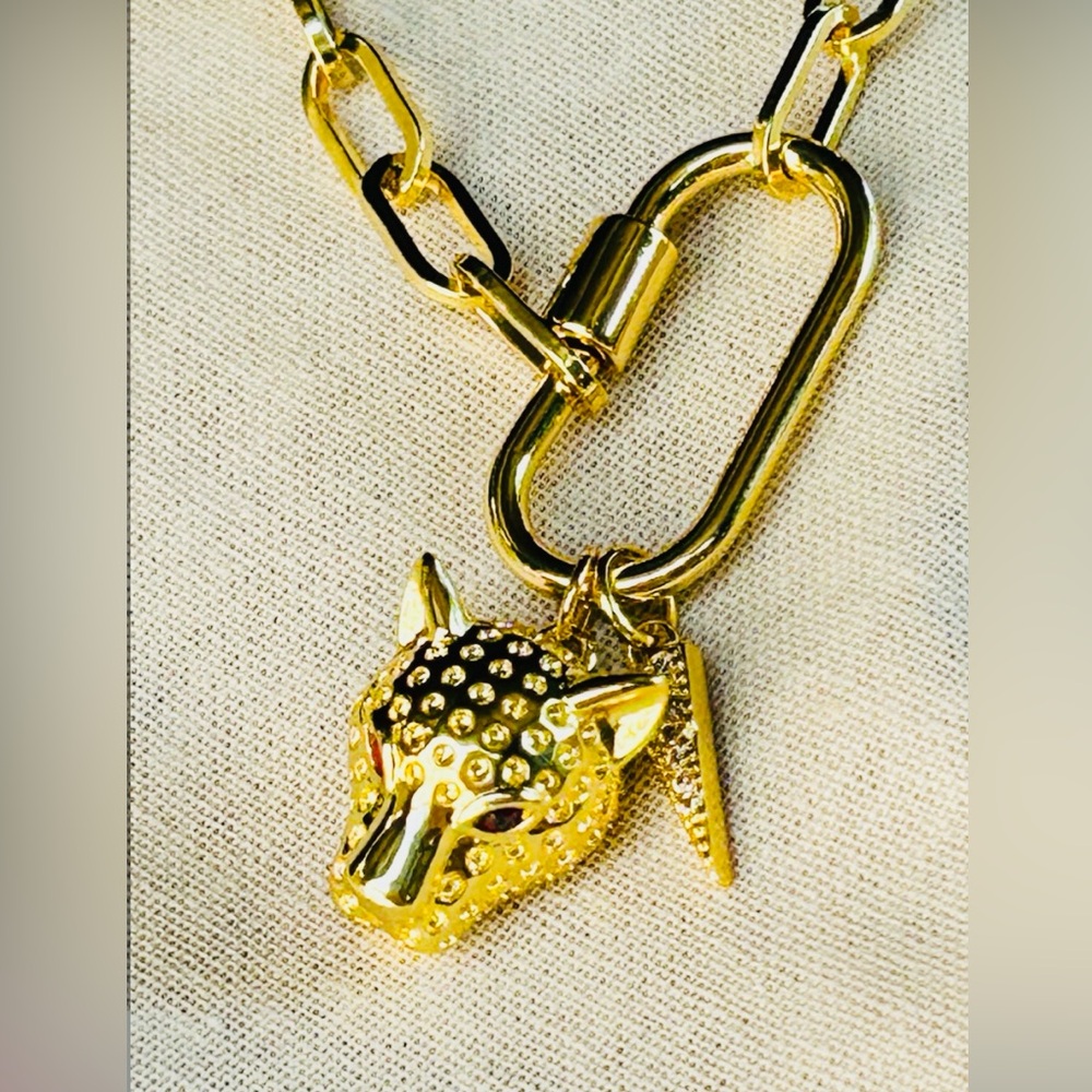 Leopard cz charm necklace, carabiner connector paper clip, 18K gold filled, 19”
